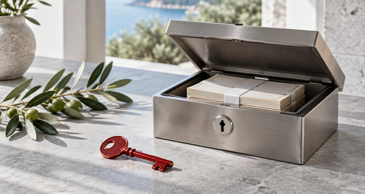 Open brushed-steel cash box with paper bundles, a red key and olive branches on a sunlit stone table