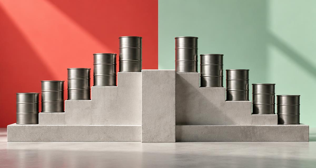 Steel oil drums arranged on opposing rising and falling steps against coral and mint backgrounds.