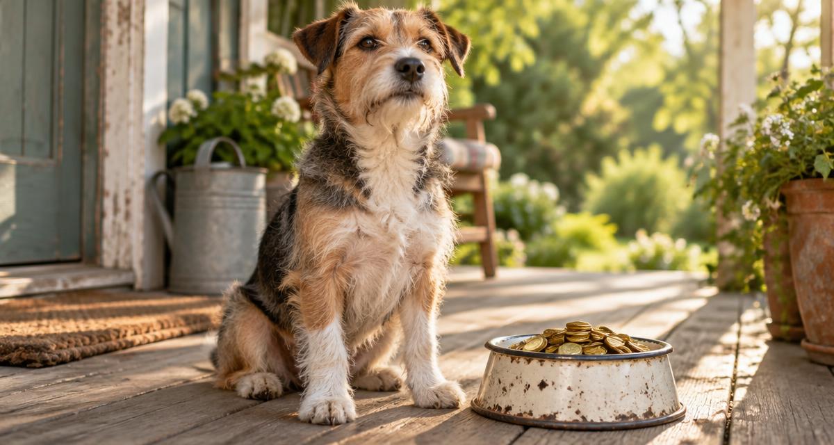 A scruffy terrier sits on a sunlit wooden porch beside an old enamel dog bowl filled with brass coins.