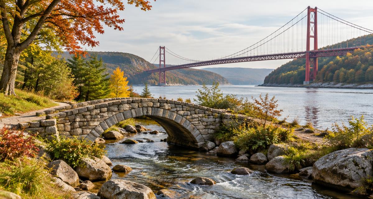 A short stone footbridge beside a long red suspension bridge, illustrating short and long investment horizons