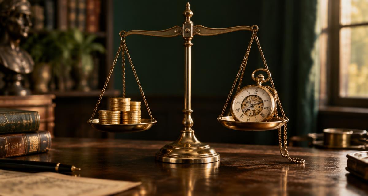 Antique brass balance scale weighing a stack of gold coins against a vintage pocket watch on a walnut desk
