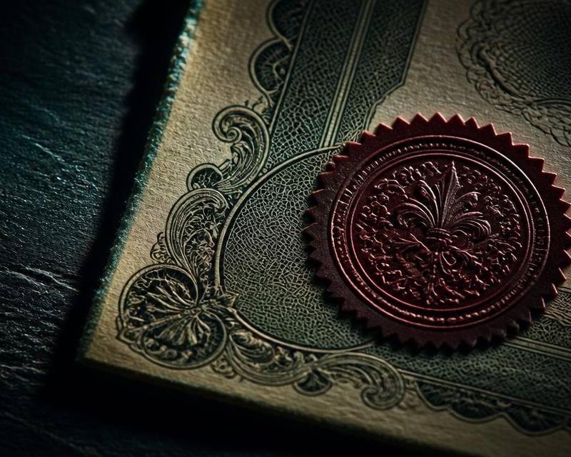 Engraved corner of an antique share certificate with an embossed seal on dark slate