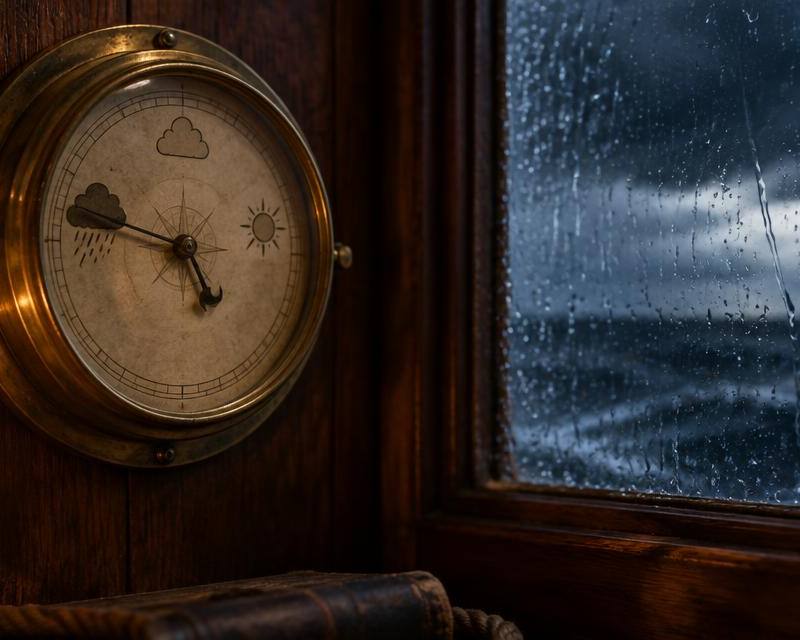 An antique brass ship barometer on an oak wall, its needle swung toward storm beside a rain-streaked window