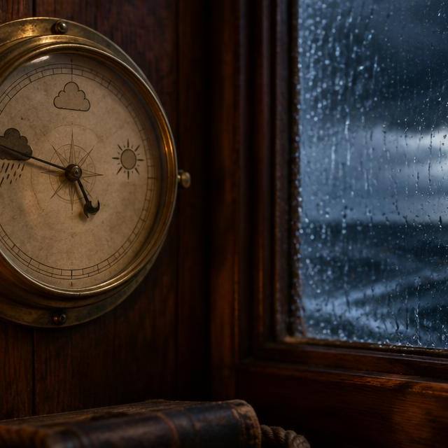 An antique brass ship barometer on an oak wall, its needle swung toward storm beside a rain-streaked window
