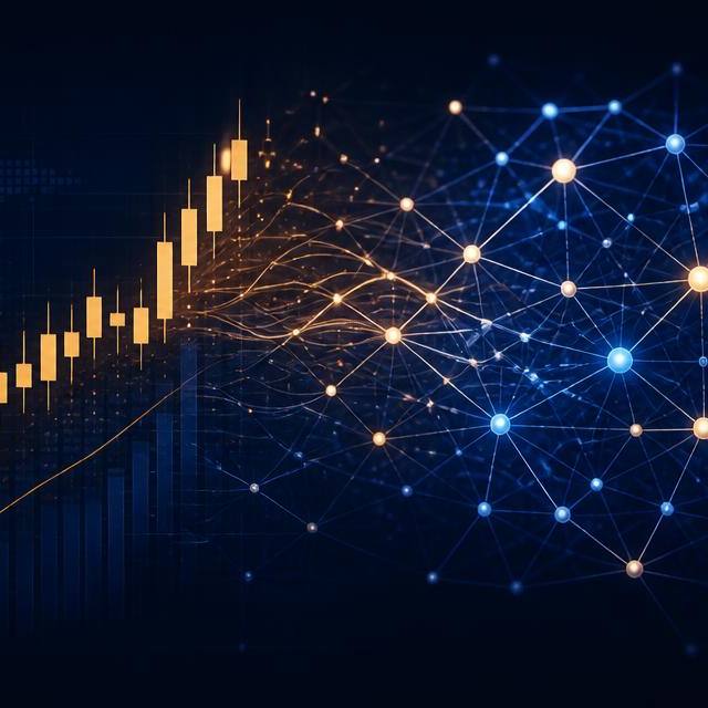 Abstract illustration of a rising candlestick chart merging into a neural network beside a padlock, representing private AI company shares