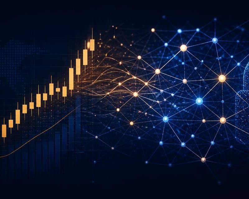 Abstract illustration of a rising candlestick chart merging into a neural network beside a padlock, representing private AI company shares