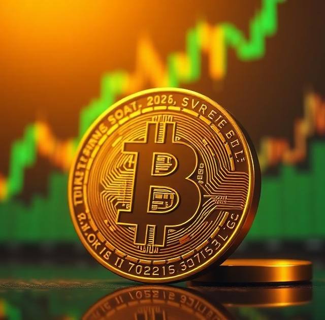Golden Bitcoin coin in front of a rising green candlestick chart — 2026 bitcoin price prediction hero image