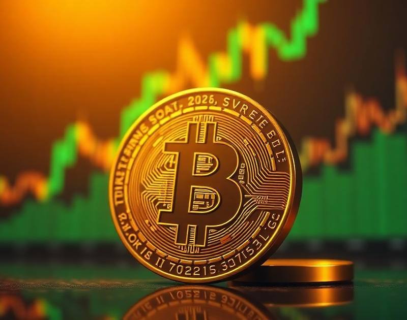 Golden Bitcoin coin in front of a rising green candlestick chart — 2026 bitcoin price prediction hero image