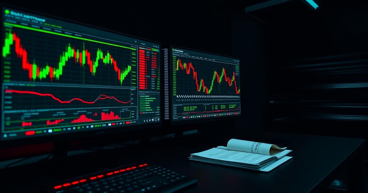 Day-trading crypto desk with green and red candlestick charts and order book
