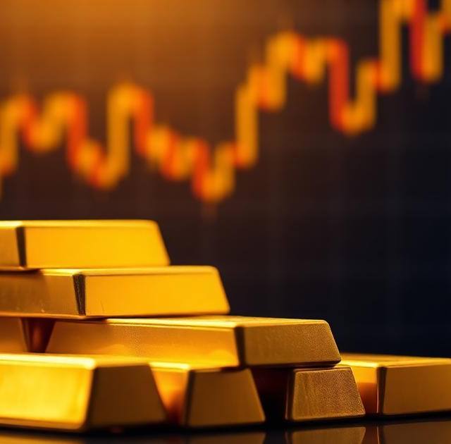 Stacked gold bars in warm light with a rising candlestick chart in the background — 2026 gold price forecast hero image