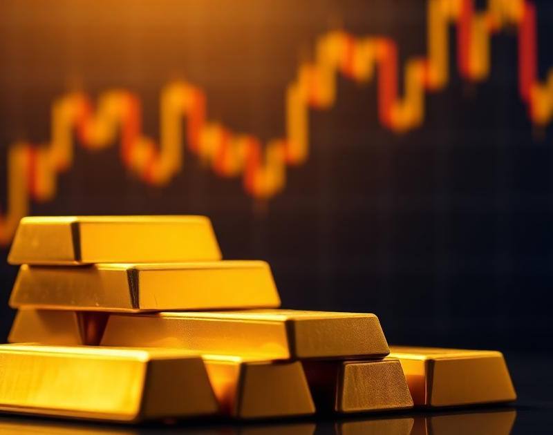 Stacked gold bars in warm light with a rising candlestick chart in the background — 2026 gold price forecast hero image