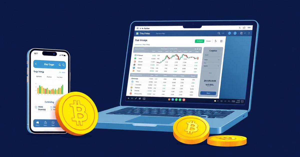 Beginner learning to trade cryptocurrency on a laptop and phone with a Bitcoin coin