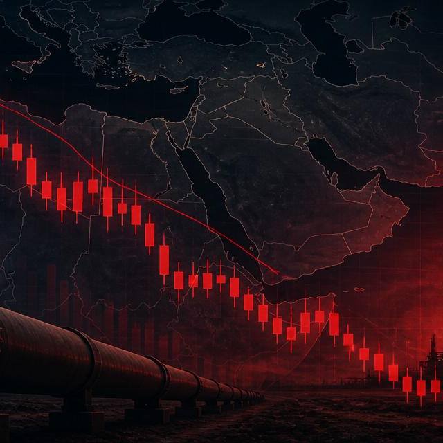 Dark editorial illustration showing a downward red candlestick chart over a Middle East map with an oil pipeline and refinery flare, symbolizing the Iran conflict driving a tech-led market sell-off