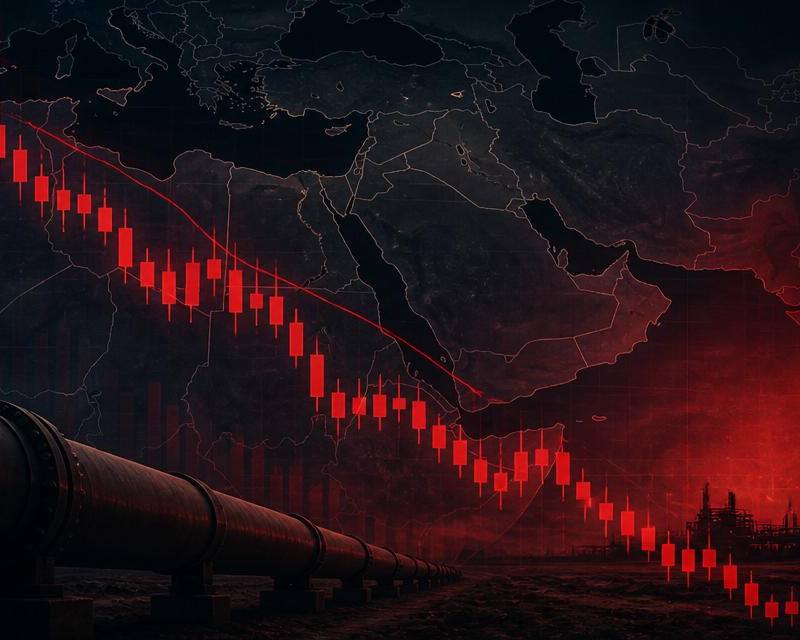Dark editorial illustration showing a downward red candlestick chart over a Middle East map with an oil pipeline and refinery flare, symbolizing the Iran conflict driving a tech-led market sell-off