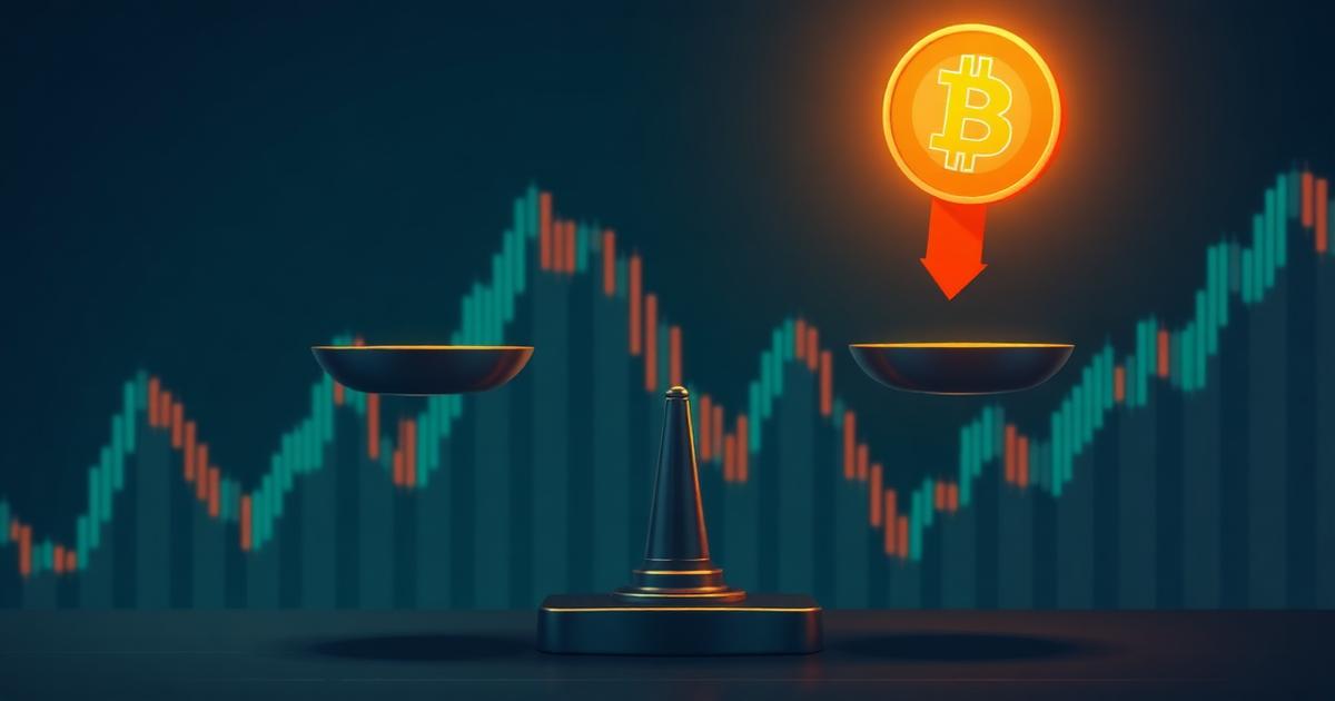 Bitcoin coin on a balance scale against a downward arrow, illustrating crypto trading risk vs reward