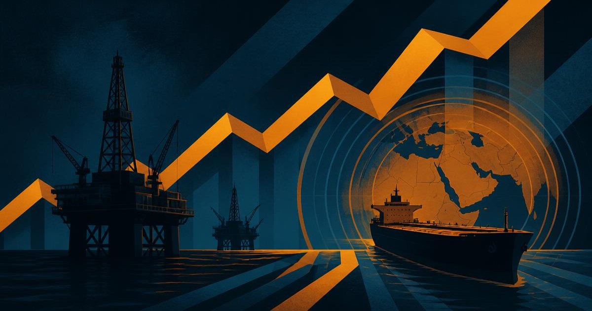 Editorial illustration of offshore oil rigs and a crude tanker beside a rising price chart, representing the 2026 Brent and WTI oil price forecast
