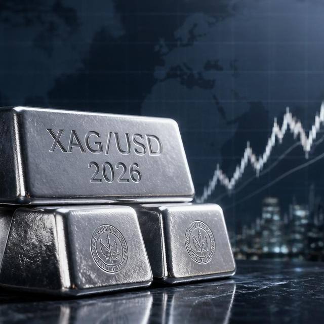Silver bullion bars stacked in front of a rising XAG/USD chart, representing the 2026 silver price forecast