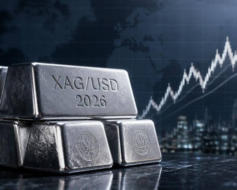 Silver bullion bars stacked in front of a rising XAG/USD chart, representing the 2026 silver price forecast