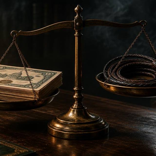 Antique brass balance scale on a dark oak desk weighing a stack of government bond certificates against a coiled leather bullwhip, symbolizing bond vigilantes disciplining government borrowing