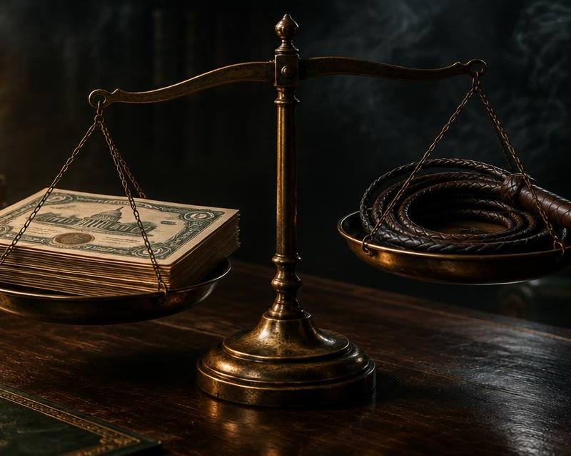 Antique brass balance scale on a dark oak desk weighing a stack of government bond certificates against a coiled leather bullwhip, symbolizing bond vigilantes disciplining government borrowing