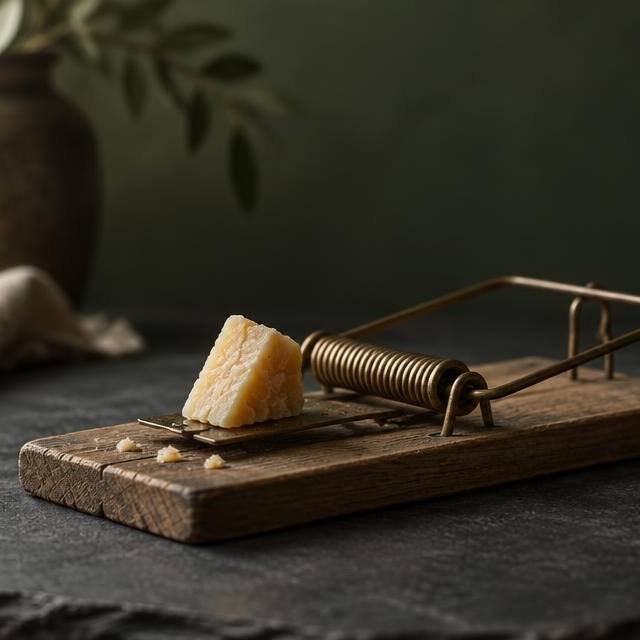 Vintage wooden and brass mousetrap baited with a wedge of cheese on dark slate
