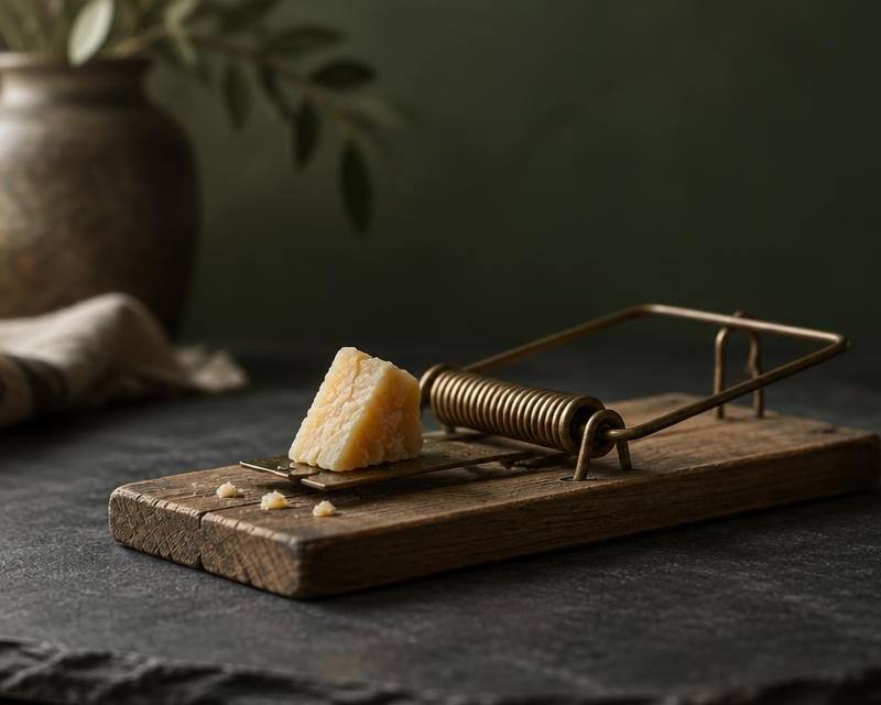 Vintage wooden and brass mousetrap baited with a wedge of cheese on dark slate