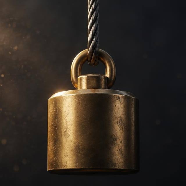 A heavy brass weight hanging from a single taut steel cable against a dark background