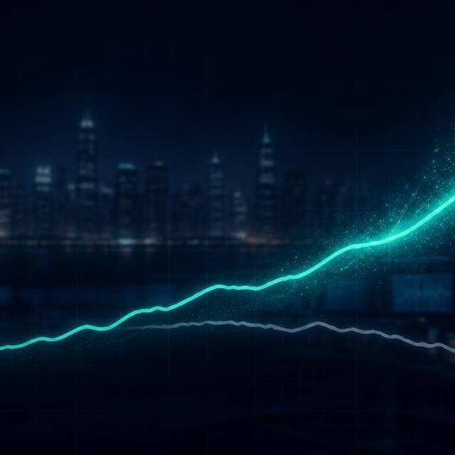 Two diverging market lines over a dark trading-floor backdrop: a bright rising crypto line against a flat, drifting equity line, August 2026