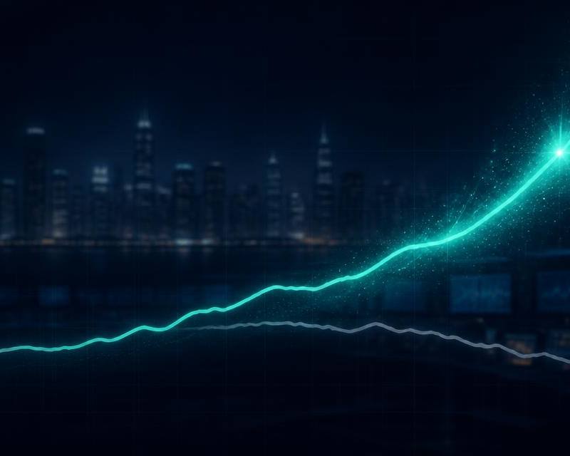 Two diverging market lines over a dark trading-floor backdrop: a bright rising crypto line against a flat, drifting equity line, August 2026
