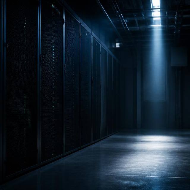 Dark corridor of server cabinets in a data centre lit by a single shaft of cold blue light