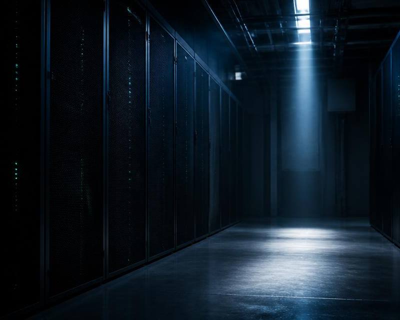 Dark corridor of server cabinets in a data centre lit by a single shaft of cold blue light