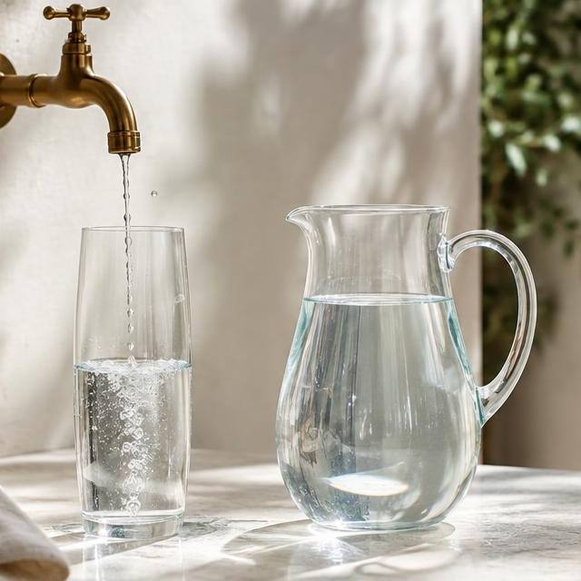 Water dripping from a brass tap into a glass beside a full glass pitcher