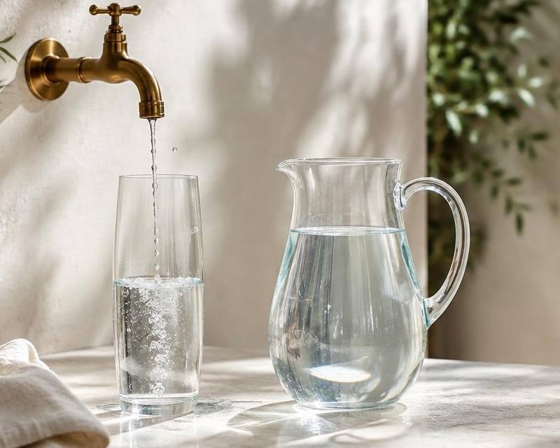 Water dripping from a brass tap into a glass beside a full glass pitcher