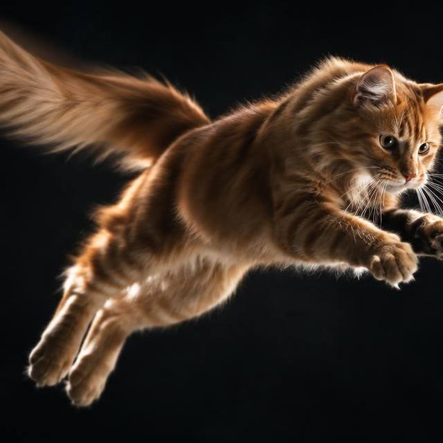 A ginger cat frozen mid-leap by strobe light against a dark backdrop, tail blurred with motion