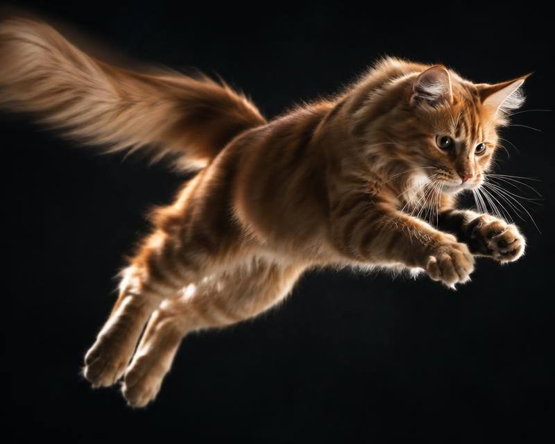 A ginger cat frozen mid-leap by strobe light against a dark backdrop, tail blurred with motion