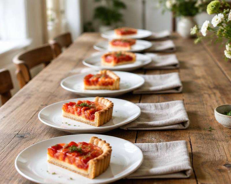 A rustic wooden table set with identical plates, each holding an equal slice of the same tart