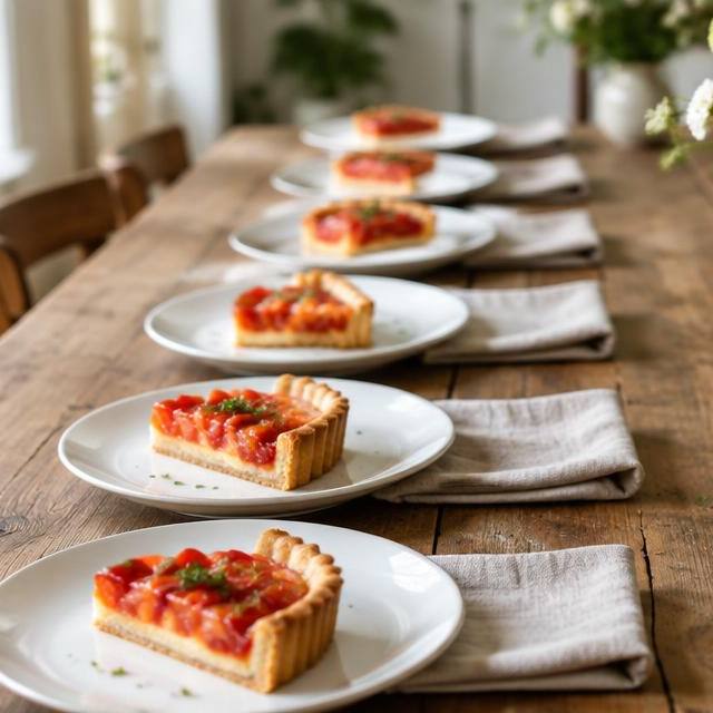 A rustic wooden table set with identical plates, each holding an equal slice of the same tart