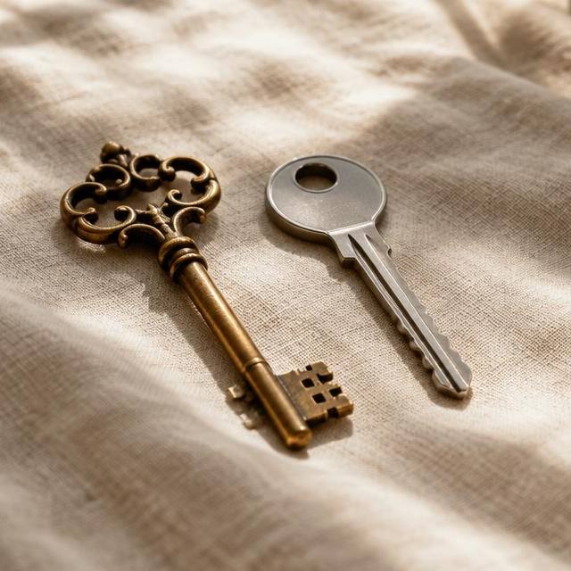 Antique brass key beside a modern steel key on cream linen