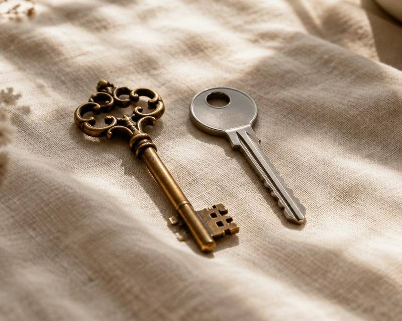 Antique brass key beside a modern steel key on cream linen