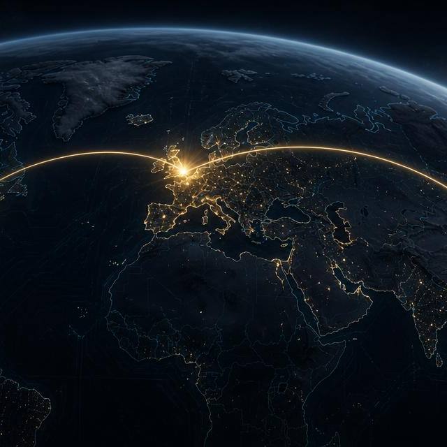 Night-side view of Earth with glowing gold nodes over Tokyo, London and New York linked by arcs of light