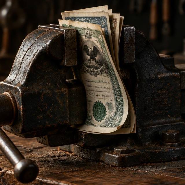An antique cast-iron bench vice on a wooden workbench tightly squeezing a stack of vintage paper stock certificates
