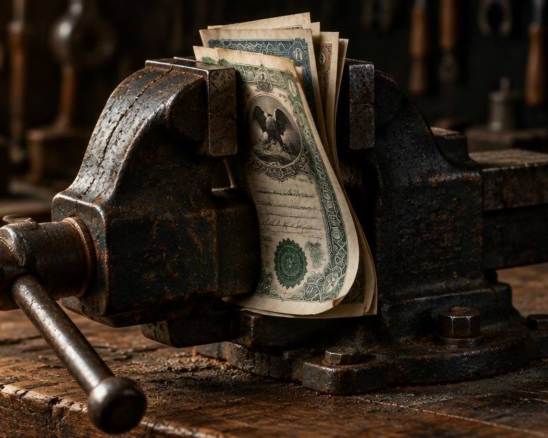 An antique cast-iron bench vice on a wooden workbench tightly squeezing a stack of vintage paper stock certificates