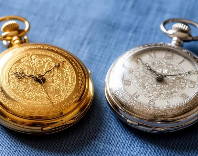 An antique gold pocket watch beside a silver pocket watch on blue linen