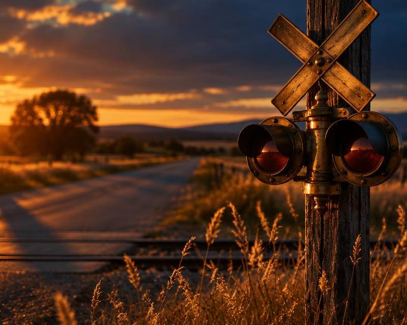 A vintage brass railway crossing signal on a wooden post at golden hour, warm amber light over a quiet country road — a literal golden crossing