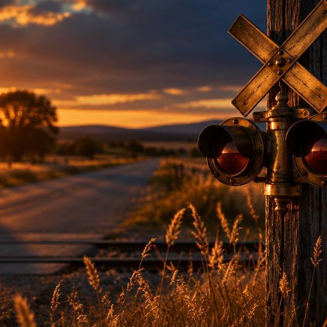 A vintage brass railway crossing signal on a wooden post at golden hour, warm amber light over a quiet country road — a literal golden crossing