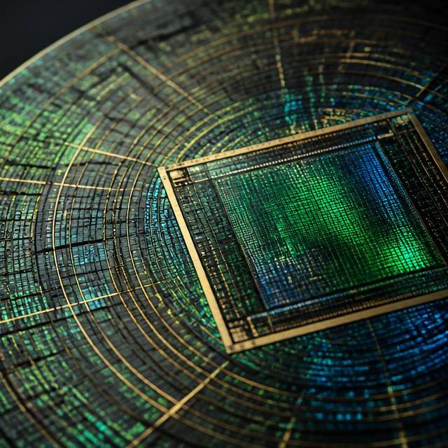Abstract macro image of a silicon wafer and GPU die with green and blue light refraction, illustrating NVIDIA earnings coverage
