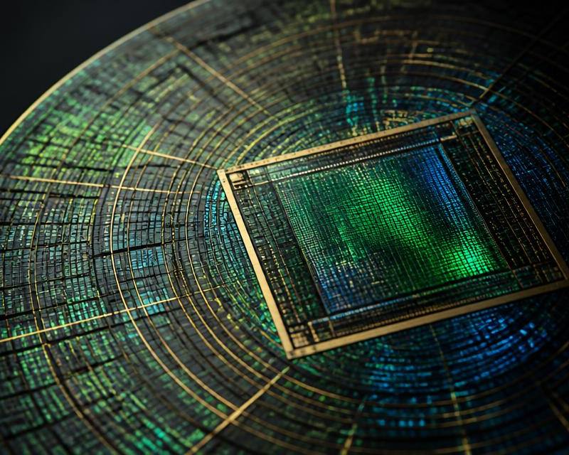 Abstract macro image of a silicon wafer and GPU die with green and blue light refraction, illustrating NVIDIA earnings coverage