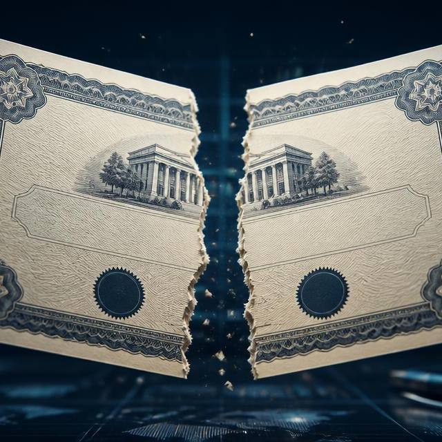 Illustration of a share certificate splitting in two above a trading desk, representing a Palantir stock split