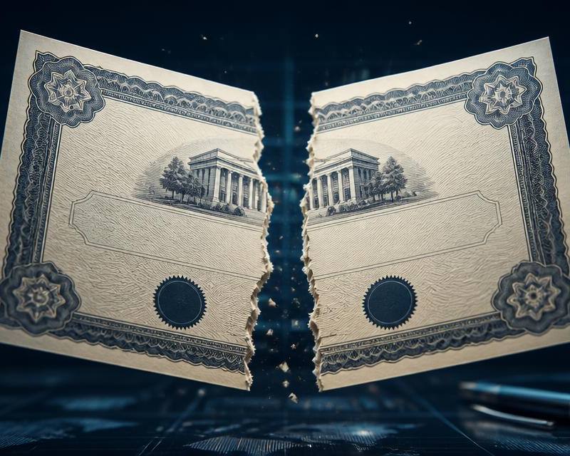 Illustration of a share certificate splitting in two above a trading desk, representing a Palantir stock split