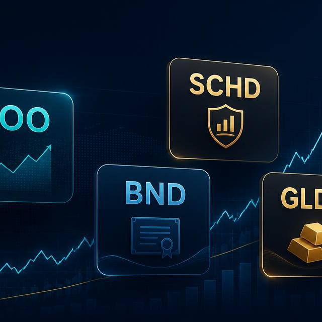 ETF ticker cards for VOO, SCHD, BND and GLDM above a rising market chart